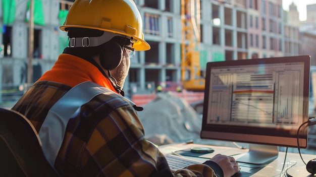 Photo construction worker monitoring data on computer at construction site