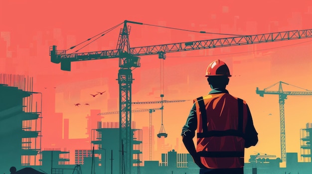 Construction Worker Observing Cityscape With Cranes in the Afternoon