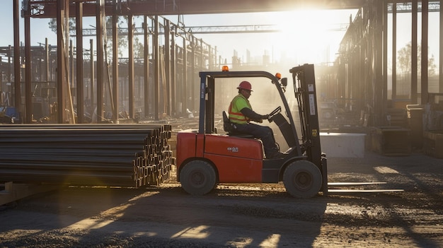 Photo construction worker operating forklift at a construction site