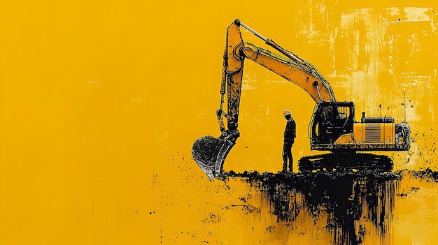 Photo construction worker operating heavy machinery on a minimalistic yellow background