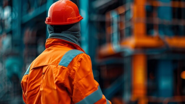 Construction worker in orange safety gear surveys a busy industrial warehouse setting