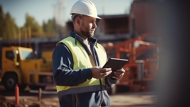 Construction worker in orange and safety vest at site Developing projects