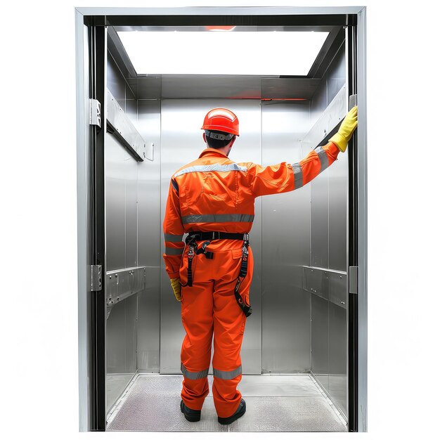 Construction worker in orange uniform and safety helmet with tool belt isolated on white background