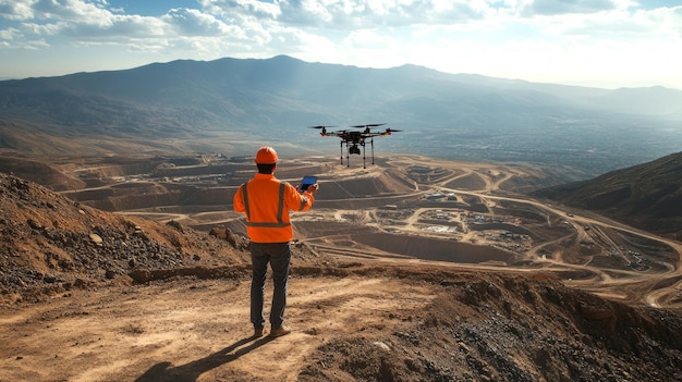 Photo a construction worker in an orange vest operates a drone over a vast landscape the scene captures technology and industry in harmony with nature aerial surveying at its finest ai