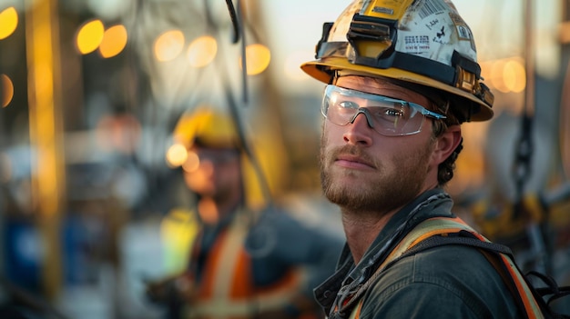 A construction worker outdoors wearing a helmet and safety glasses with blurred background focused on his task