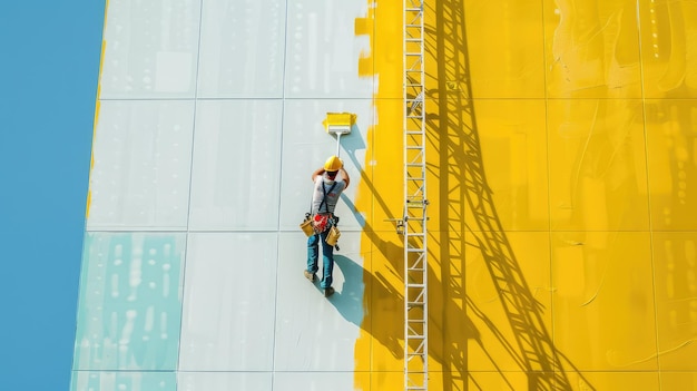 Photo construction worker painting a large yellow wall with a roller