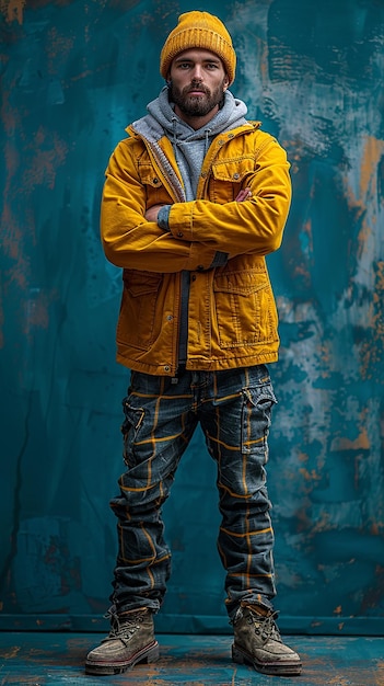 Construction Worker on Plain Blue Background