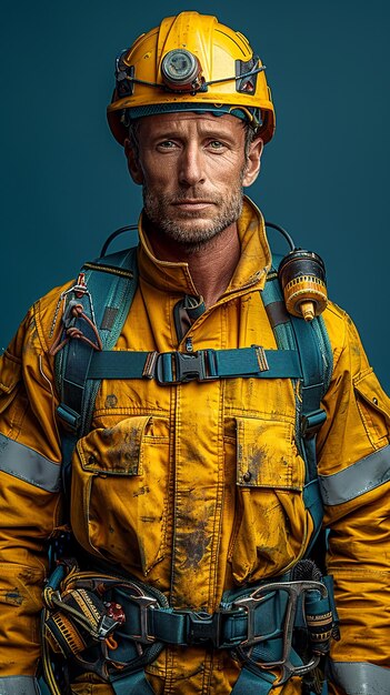 Construction Worker on Plain Blue Background