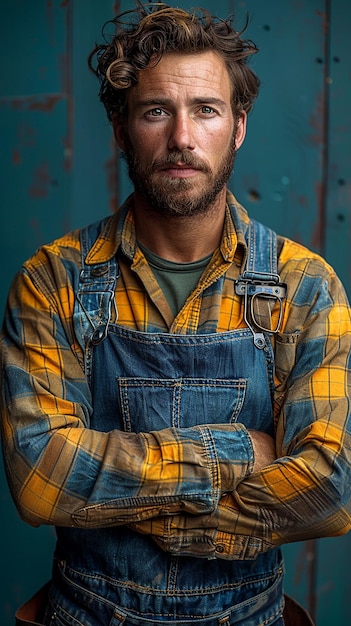 Construction Worker on Plain Blue Background