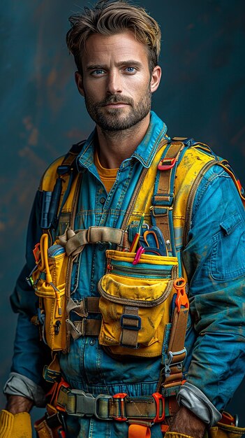 Construction Worker on Plain Blue Background