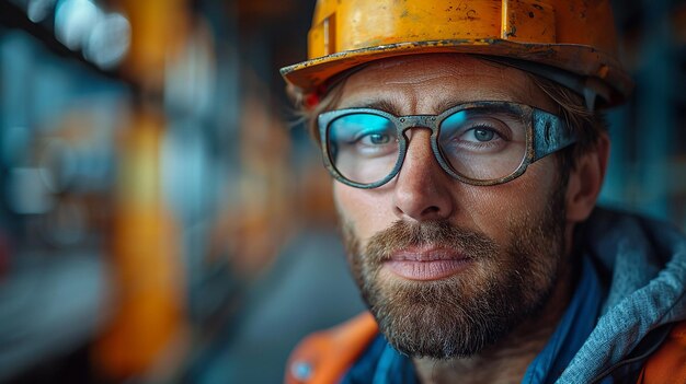 Construction Worker on Plain Blue Background