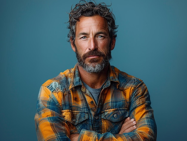 Construction Worker on Plain Blue Background