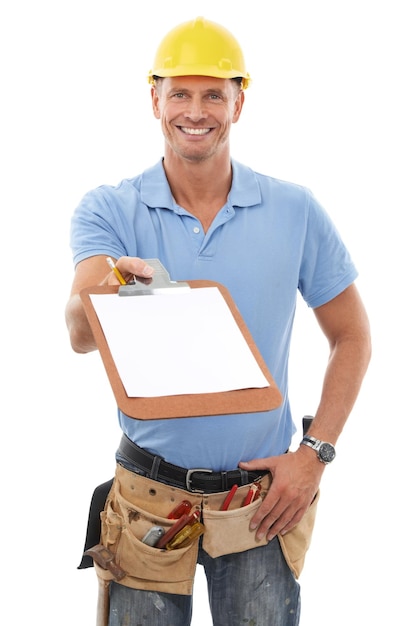 Construction worker portrait and handyman holding clipboard for sign up contract or deal and asking for information Paper by man employee or builder with a survey isolated in white studio