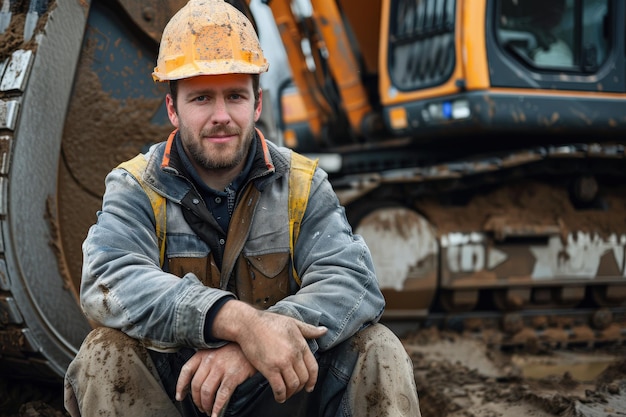 Photo construction worker posing by excavator