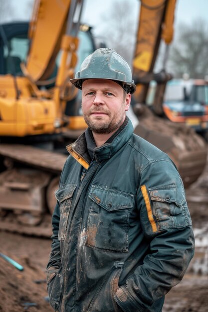 Photo construction worker posing in front of excavator