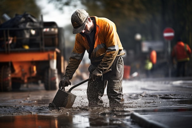 a construction worker pouring a wet concret at road construction site