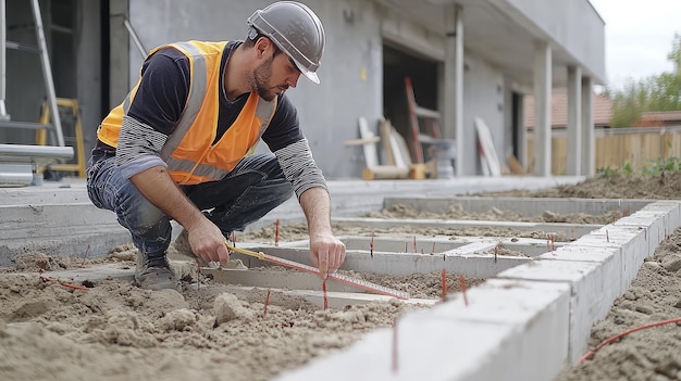 A construction worker in reflective vest is measuring carefully on building site