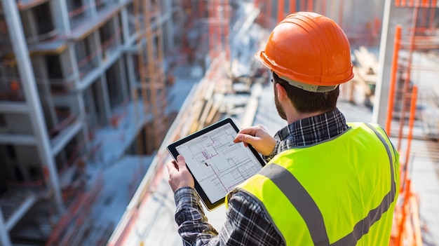 Photo construction worker reviewing plans on a tablet at a building site during the day