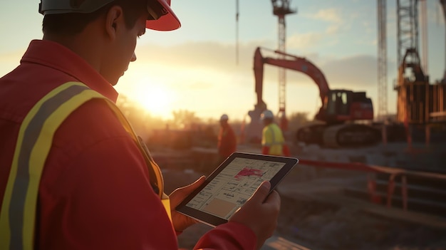 Photo construction worker reviewing plans on tablet at sunset