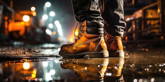 Construction worker's boots on wet ground with the construction site in the background illuminated at night Sonstruction labor safety and workrelated themes