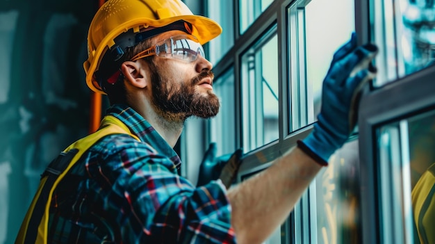 A construction worker in safety gear inspects a window during a renovation project