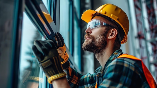 A construction worker in safety gear installs a window frame