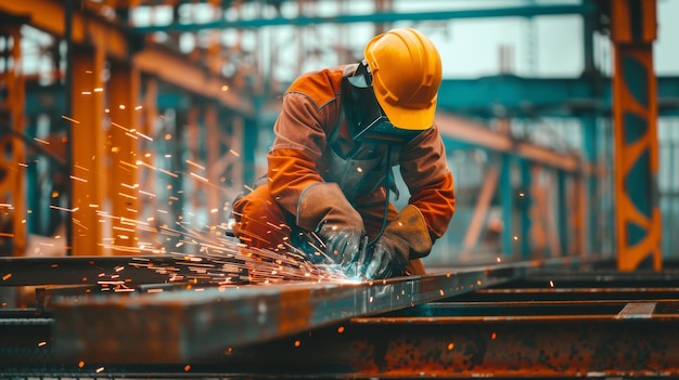 A construction worker in safety gear welding metal beams sparks flying