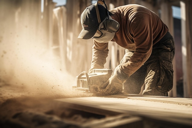 Construction worker sanding down wood piece