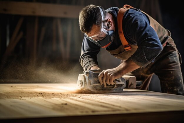 Construction worker sanding down wood piece