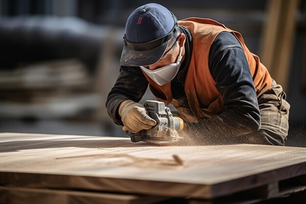 Construction worker sanding down wood piece