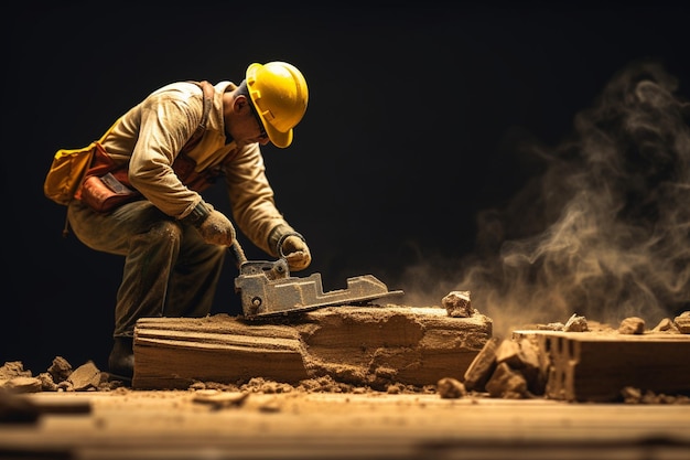 Construction worker sanding down wood piece