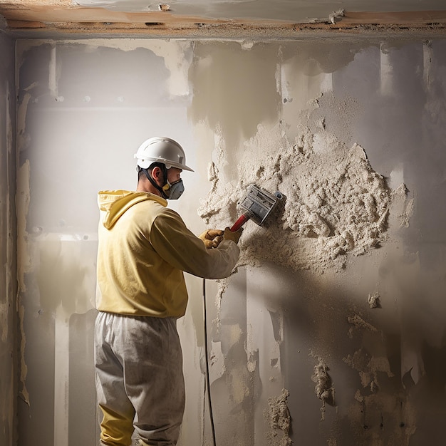 Construction Worker Sanding Plasterboard Walls