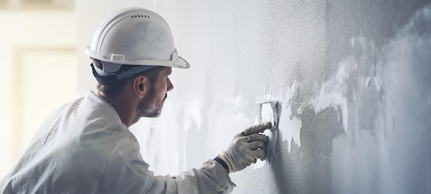 Construction Worker Sanding Plasterboard Walls