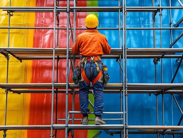 Photo construction worker on scaffolding with colorful wall background photo