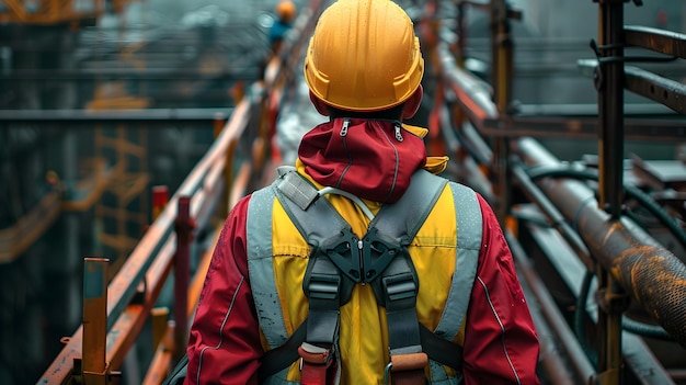 Construction Worker Securing Safety Harness at Construction Site