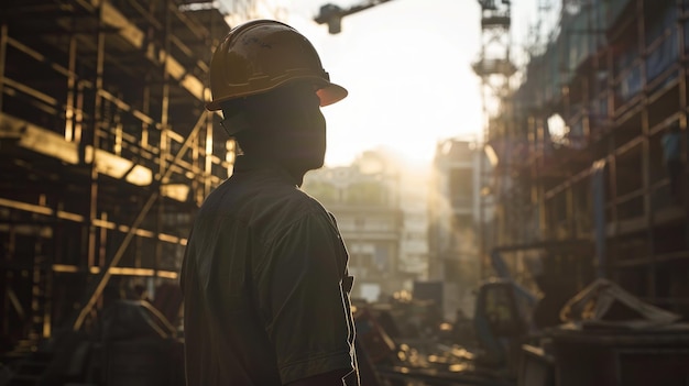 Construction Worker Silhouetted Against Golden Sunset