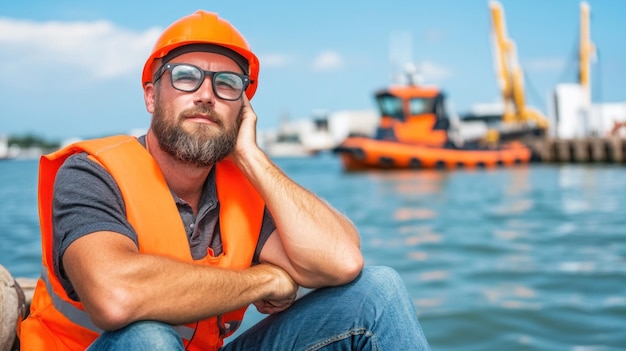 The construction worker sits comfortably by the water wearing an orange safety vest and helmet enjoying a moment of relaxation as colorful boats dock in the background under a clear blue sky