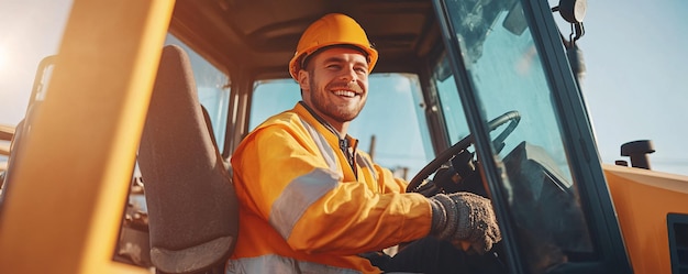 Photo construction worker smiling and driving excavator at worksite