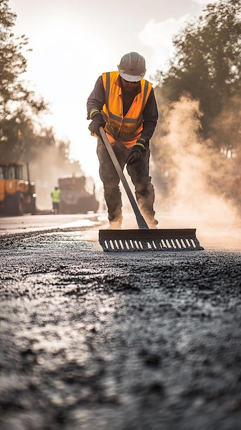 Photo construction worker spreading hot asphalt on new road