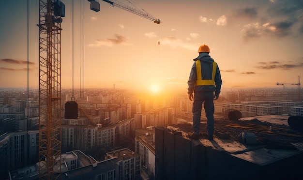 Construction worker standing on a constructive work background Engineer on sunset concept Generative AI