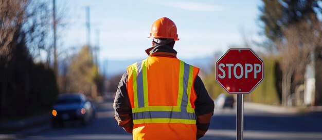 Photo construction worker standing in front of a stop sign