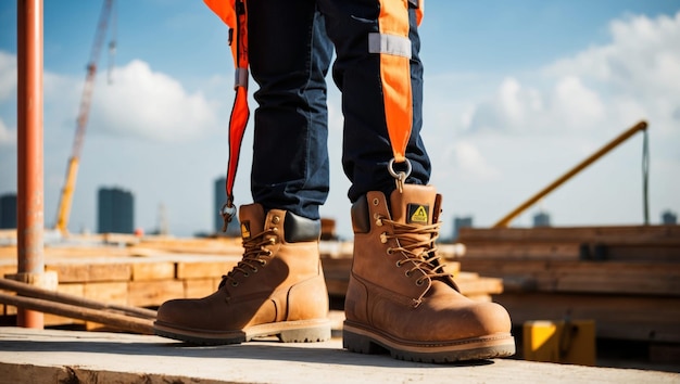 Photo a construction worker standing in safety boots on a worksite