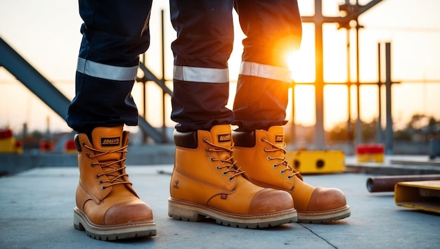 Photo a construction worker standing in safety boots on a worksite