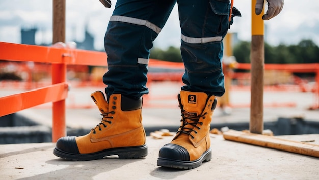 Photo a construction worker standing in safety boots on a worksite