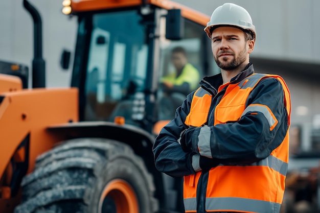 Construction worker standing with arms crossed in front of a tractor