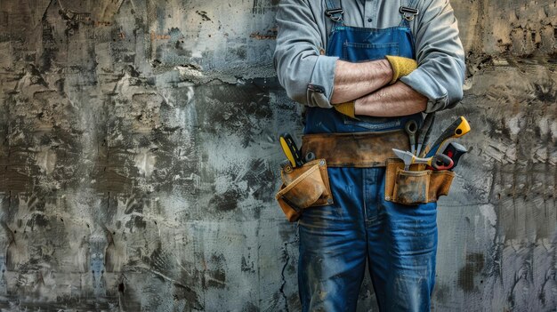 A construction worker stands against a weathered wall arms crossed displaying a confident and resilient posture