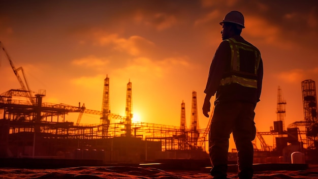 A construction worker stands atop the building at orange sunset Generative AI