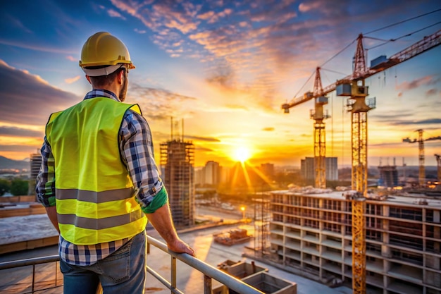 a construction worker stands on a balcony overlooking a construction site