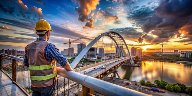 a construction worker stands on a bridge overlooking a city