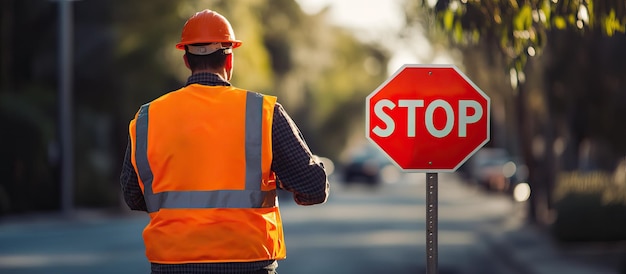 Construction Worker Stands By Stop Sign